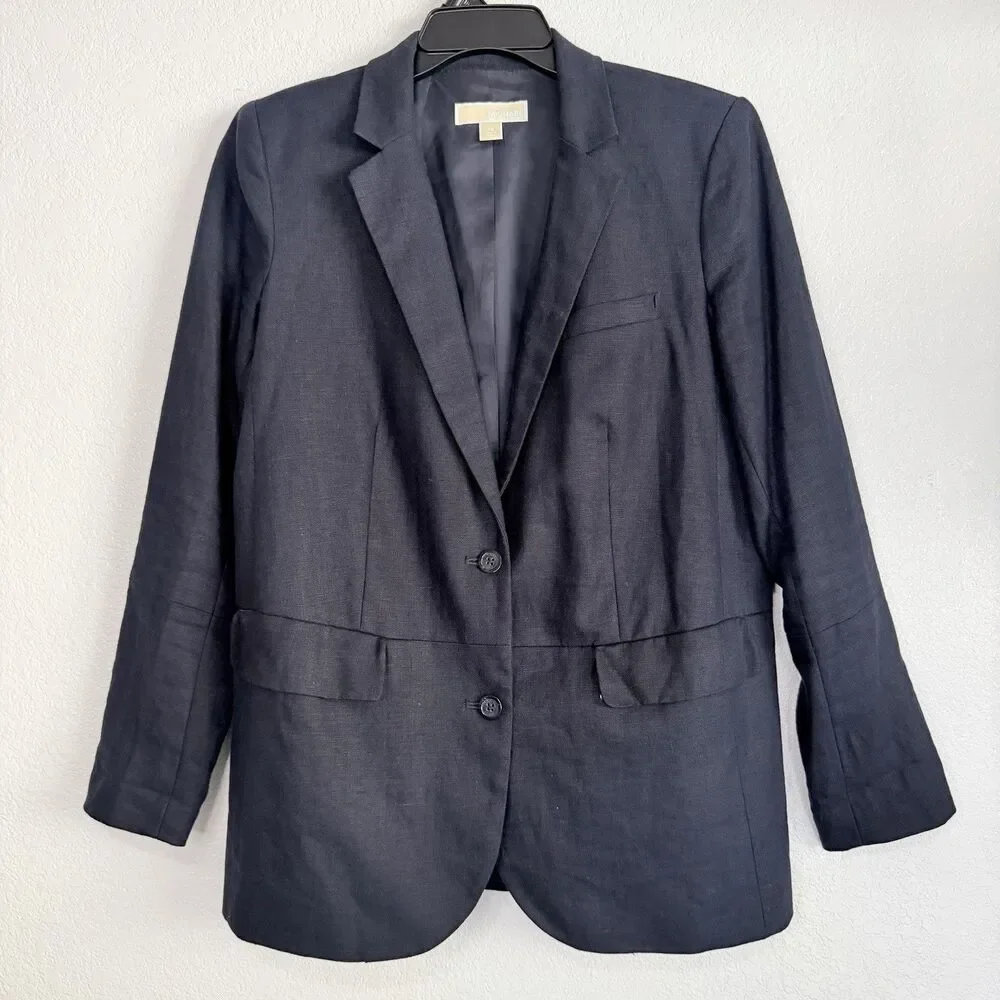 Michael Kors 100% Linen Blazer Size 14 Navy Blue Corporate Workwear Minimalist